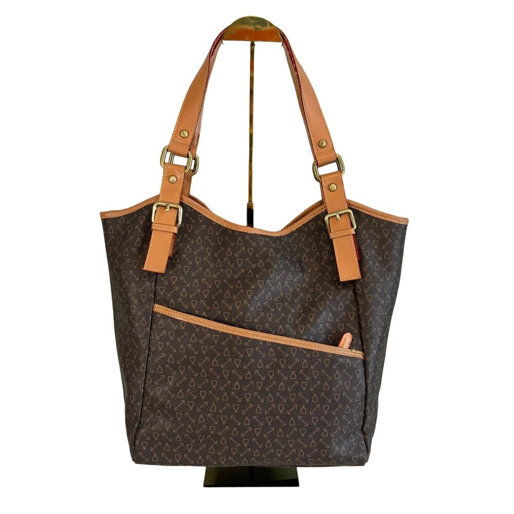 GUSIQI Satchel Shoulder Bag Monogram Logo Tote Buckle PVC Leather Handbag Brown
